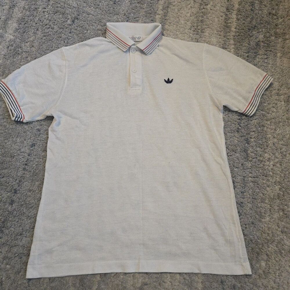 VINTAGE Adidas Polo Shirt Mens MediumWhite Trefoil Tennis Golf Knit Mesh USA 80s